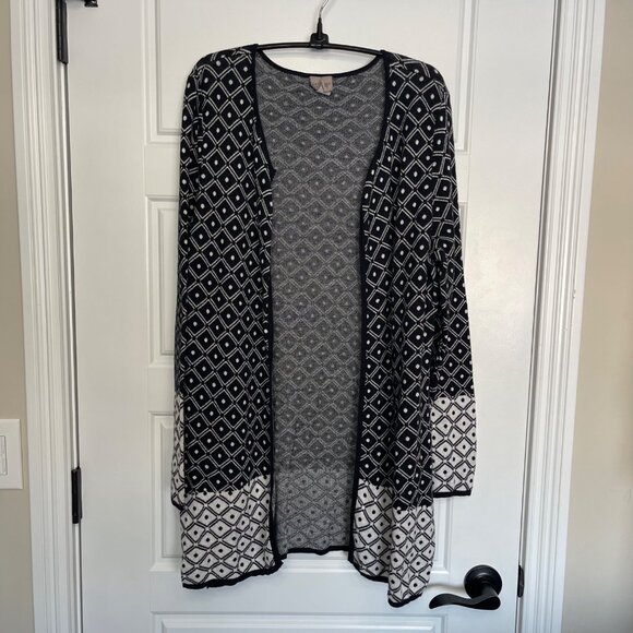 Chico's Easywear Open Front Cardigan Size 2 (US 12) 100% Cotton Knit Black White - Picture 2 of 10